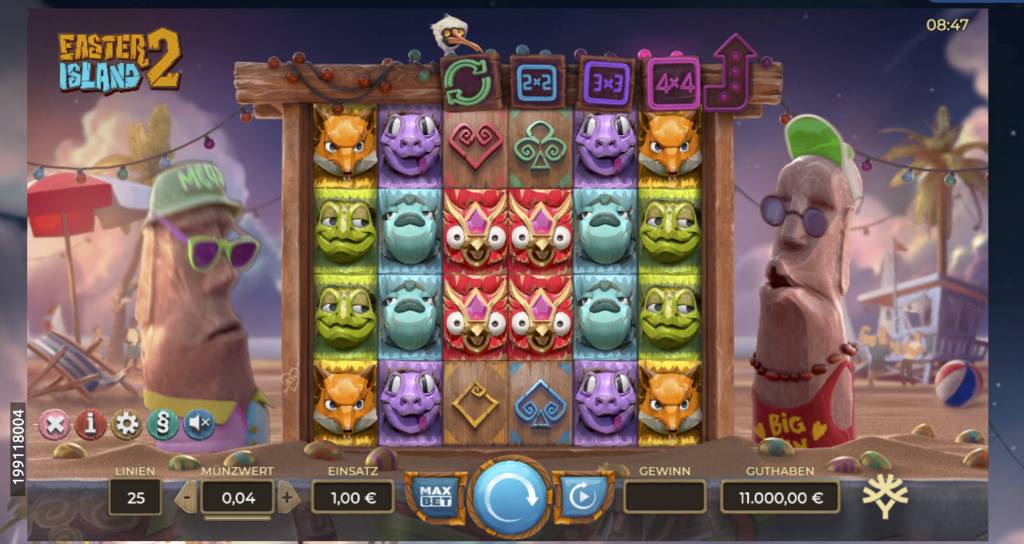 Easter Island 2 Slot Spieloberfläche mit kleinen Kreaturen auf den Walzen